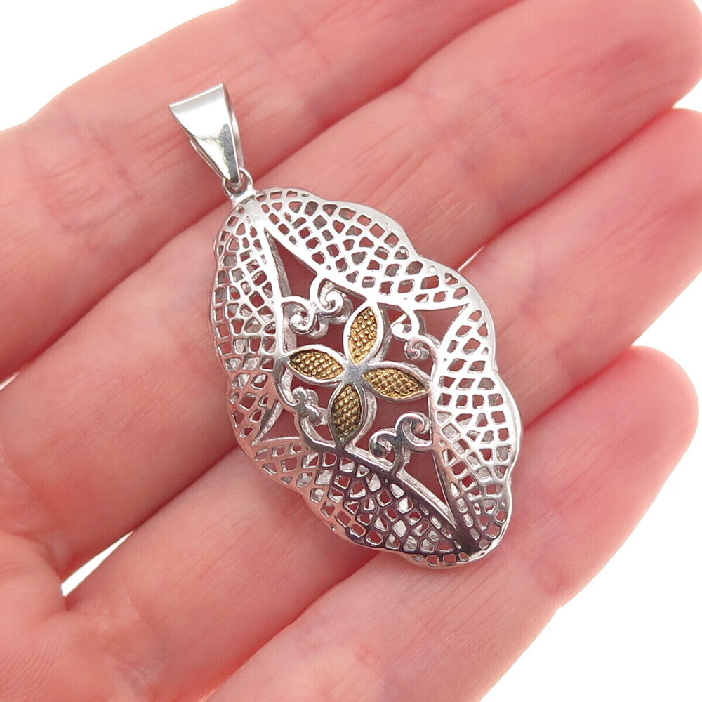 925 Sterling Silver 2-Tone Floral Charm Pendant